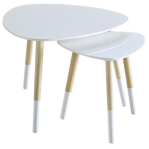 2er Set Wohnzimmertisch Couchtisch Beistelltisch | Platte aus MDF weiß | 60cm & 40cm | Tischbeine aus massiv Holz | 694