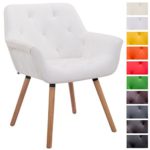 CLP Esszimmerstuhl CASSIDY mit Kunstlederbezug und sesselförmigem gepolstertem Sitz | Retro-Stuhl mit Armlehne und einer Sitzhöhe von 46 cm | Bis zu 150 kg belastbarer Polsterstuhl Weiß, Holzgestell Farbe natura