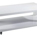 CAVADORE Couchtisch LEONA/moderner, niedriger Holztisch mit Rollen und Ablage/Hochglanz Weiß/105 x 58 x 38 cm (L x B x H)