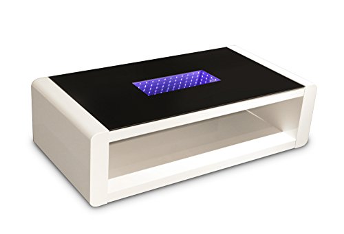 CAVADORE Couchtisch HUTCH/moderner, niedriger Tisch mit schwarzem Glas und 3d-LED-Beleuchtung/mit Akku und 5m Ladekabel/mit Ablage/Hochglanz Weiß/120 x 60 x 35 cm (L x B x H)