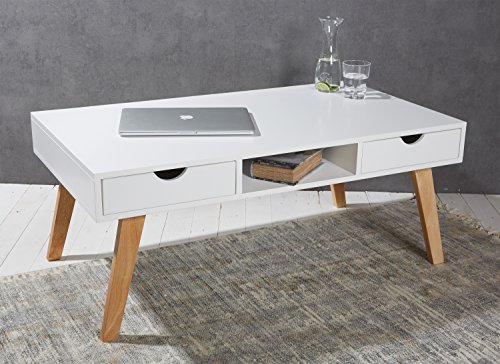 Couchtisch 110 x 60 x 45 cm weiß mit Massivholzbeinen im skandinavischen Retro-Design - Beistelltisch Tisch Wohnzimmertisch Stubentisch
