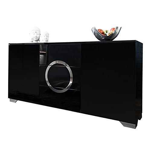 Exklusives Sideboard ZEN Hochglanz schwarz 160cm mit Edelstahl Applikationen