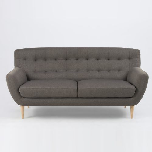 Lounge Retro Sofa 3-Sitzer HOORA, Stoffbezug, Holzbeine natur, braun,185cm