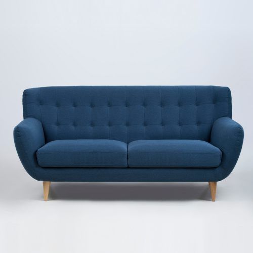 Lounge Retro Sofa 3-Sitzer HOORA, Stoffbezug, Holzbeine natur, dunkelblau,185cm