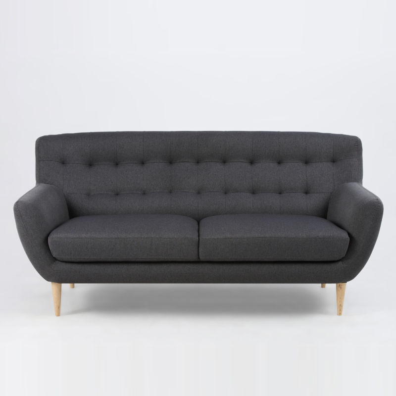 Lounge Retro Sofa 3-Sitzer HOORA, Stoffbezug, Holzbeine natur, dunkelgrau,185cm