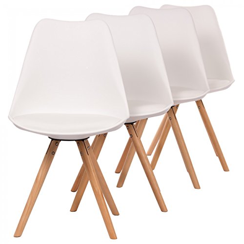 Makika Retro Stuhl Design Stuhl Esszimmerstühle Bürostuhl Wohnzimmerstühle Lounge Küchenstuhl Sitzgruppe 4er Set aus Kunststoff mit Rückenlehne MOOL in Weiß