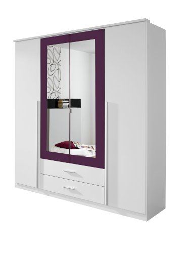 Rauch Kleiderschrank mit Spiegel 4-türig Weiß Alpin, Absetzung Brombeer Nachbildung, BxHxT 181x199x56 cm