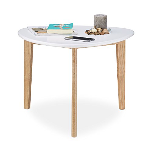 Relaxdays Couchtisch, Nierentisch, Tischbeine aus Eichen-Holz, weiße Tischplatte, modernes Retro-Design, 50er Jahre, weiß/natur