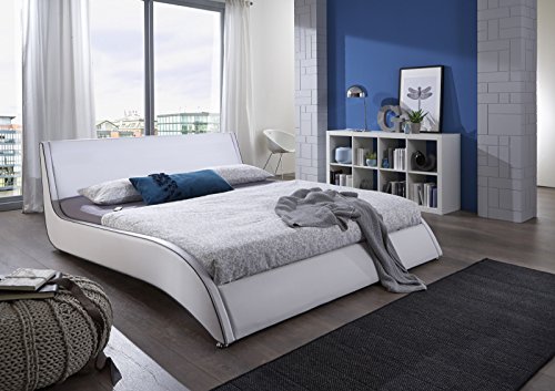 SAM® Design Polsterbett Bett Suva in weiß 180 x 200 cm geschwungene Seitenlinie mit schwarzen Akzenten, Chromfüße, als Wasserbett geeignet