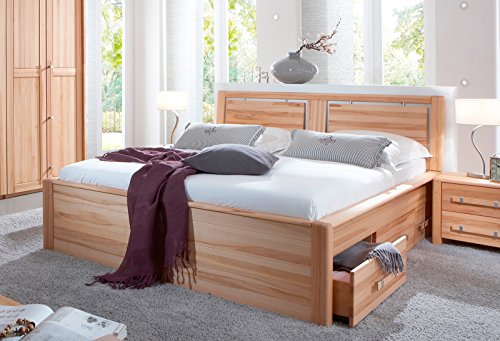 SAM® Holzbett Alena mit Bettkästen, Bett mit verspieltem Kopfteil, natürliche Maserung, massive widerstandsfähige Oberfläche in zeitlosem Naturton, 180 x 200 cm