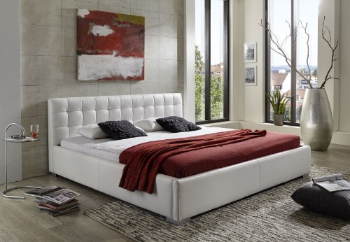 SAM® Polsterbett 140x200 cm Vita, weiß, pflegeleichtes Design-Bett mit Kunstlederbezug, abgestepptes Kopfteil & Seitenteil