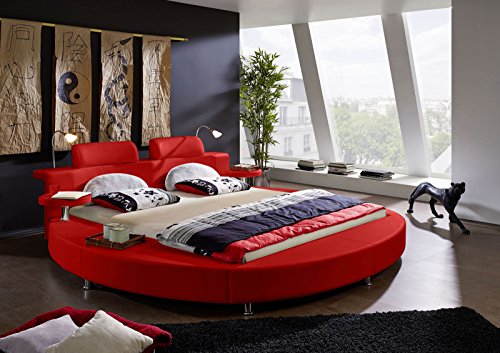SAM® Rundbett, Polsterbett in rot, Bett mit gepolstertem Kopfteil und Beleuchtung, zwei integrierte Nachttischablagen, Bettgestell auch als Wasserbett verwendbar, 140 x 200 cm [521483]