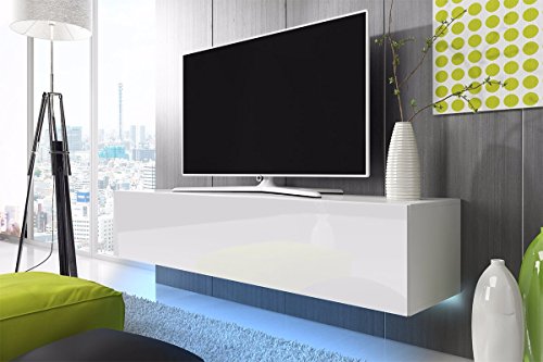 TV Schrank Lowboard Hängeboard SIMPLE mit LED Blau (Weiß Matt / Weiß Hochglanz 140 cm)