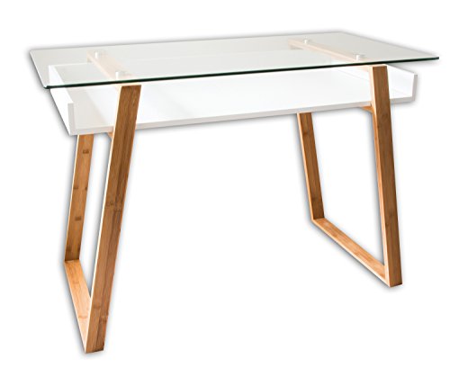 bonVIVO® Designer-Schreibtisch MASSIMO, moderner Sekretär in einem stilsicheren Materialmix aus Glas, Naturholz und weiß lackierter Ablagefläche