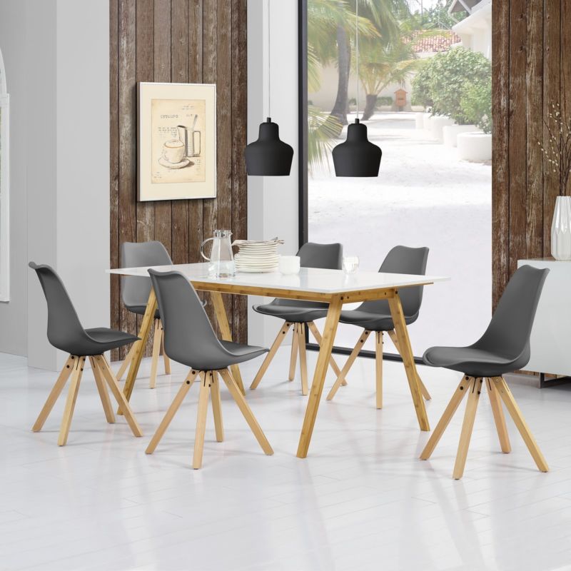 [en.casa]® Esstisch Bambus mit 6 Stühlen gepolstert grau Tisch [180x80] Stühle