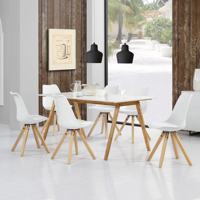 [en.casa]® Esstisch Bambus mit 6 Stühlen gepolstert weiß Tisch [180x80] Stühle