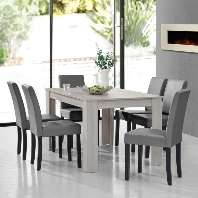 [en.casa]® Esstisch Eiche weiß mit 6 Stühlen hellgrau 140x90 Tisch Stühle modern