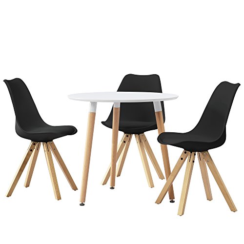[en.casa] Esstisch rund weiß [Ø80cm] mit 3 Stühlen schwarz gepolstert Esszimmer Essgruppe Küche