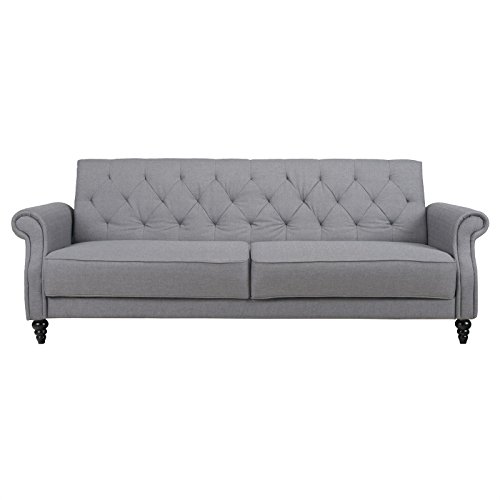 Retro Schlafsofa Couch 3-Sitzer CORAL mit Schlaffunktion in hellgrau Stoffbezug, klappbare Rückenlehne