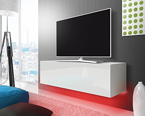TV Schrank Lowboard Hängeboard SIMPLE mit LED Rot (weiß matt / weiß hochglanz 140 cm)