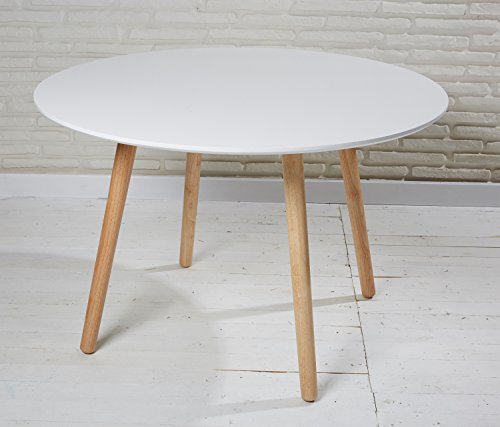 Esszimmertisch Esstisch rund 110 cm weiß natur Retro Design runder Tisch Küchentisch in skandinavischem Stil