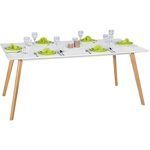 FineBuy Esszimmertisch 180 x 76 x 90 cm aus MDF Holz | Esstisch mit Tischplatte in weiß | Robuster Küchen-Tisch im Retro Stil | Holz-Tisch in skandinavischem Design | Untergestell in Eichefurnier