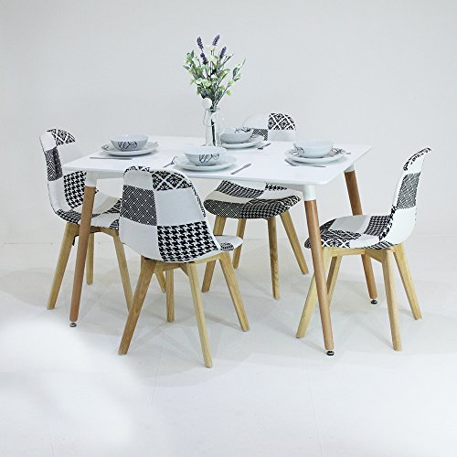 P & N Homewares® Fabia Dining Set 1 Esstisch und 4 Fabia schwarz und weiß Patchwork Stühle Set Retro Modern Moderne Retro modernen skandinavischen Möbeln, White Table + 4 Patchwork Chairs