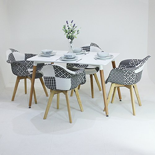 P&N Homewares® Patchwork Esstisch- und Stuhl-Set „Fabia“, schwarz und weiß, skandinavisches Design, Stuhlbeine in Tulpendesign, White Table and 4 Chairs