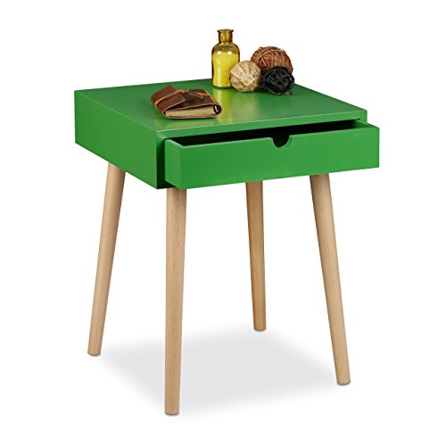 Relaxdays Nachttisch ARVID mit Schublade, Nachtkommode, Holz, Beine natur, Nachtschrank im nordischen Design, HBT: ca. 50,5 x 40 x 40 cm, grün