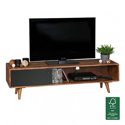 Wohnling TV Lowboard Repa, mit 1 Tür, Sheesham Massiv Holz, 140 x 40 x 35 cm, dunkelbraun/schwarz