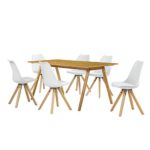 [en.casa] Esstisch Bambus mit 6 Stühlen weiß gepolstert 180x80cm Esszimmer Essgruppe Küche