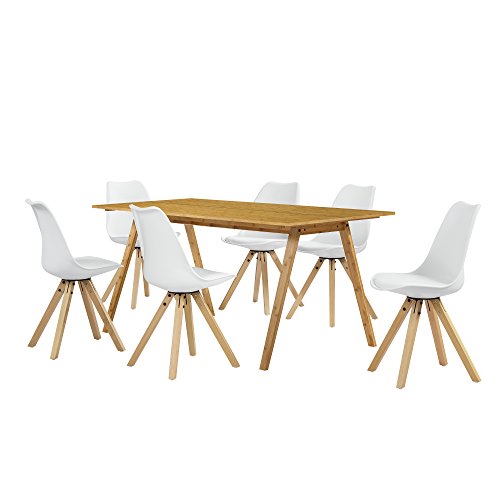 [en.casa] Esstisch Bambus mit 6 Stühlen weiß gepolstert 180x80cm Esszimmer Essgruppe Küche