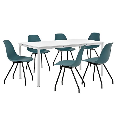 [en.casa] Hochwertiger Esstisch in weiß mit 6 türkisen Designer-Stühlen - 160cm x 80cm