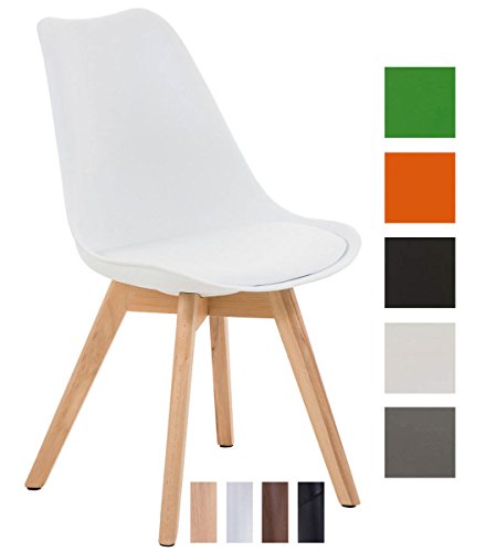 CLP Design Retro Stuhl BORNEO, Holzgestell, Sitz Kunststoff / Kunstleder, gepolstert Weiß, Holzgestell Farbe natura