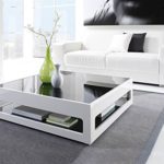 Couchtisch weiß, Breite: 93 cm, Höhe: 27 cm | Hochglanz | schwarze Glastischplatte | | Wohnzimmertisch | Sofatisch