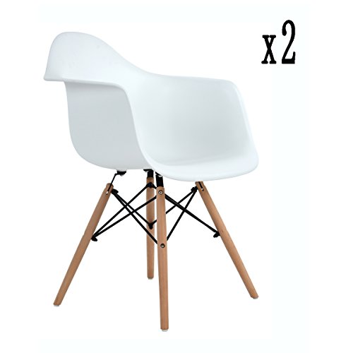 2 x Esszimmerstühle mit Armlehne, Ajie Retro Designerstuhl mit Lehne & 4 Holz Beinen Design Essstuhl - 51x62x82cm ,weiß