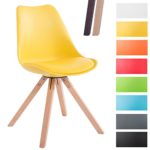 CLP Design Retro-Stuhl TOULOUSE SQUARE, Kunststoff-Lehne, Kunstleder-Sitz gepolstert Gelb, Holzgestell Farbe natura, Bein-Form eckig
