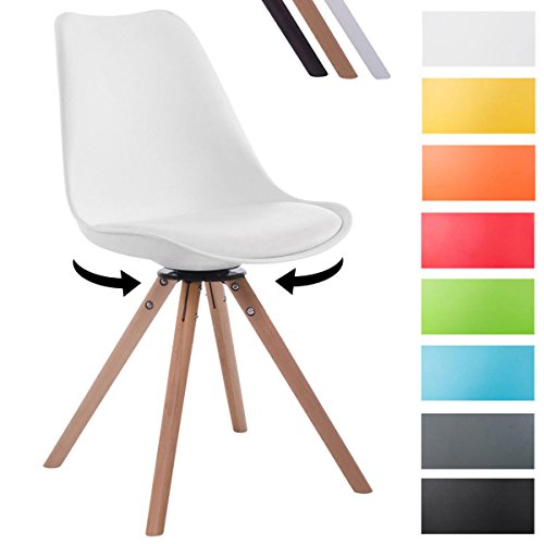 CLP Design Retro-Stuhl TROYES RUND, Kunststoff-Lehne, Kunstleder-Sitz, drehbar, gepolstert Weiß, Holzgestell Farbe natura, Form rund