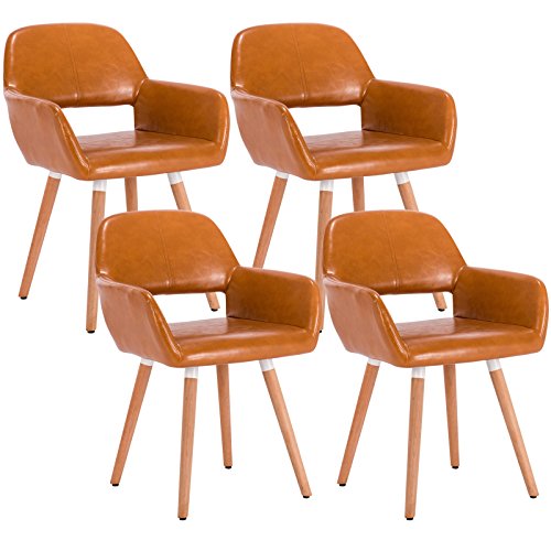 WOLTU® 4er Set Esszimmerstühle Küchenstühle Wohnzimmerstühle Design Stuhl mit Armlehne und Rückenlehne, mit Holzbeinen, Sitzfläche aus Kunstleder, Braun, BH75br-4