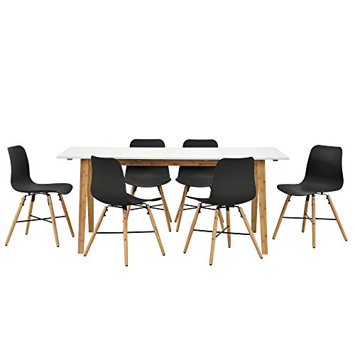 [en.casa]® Design Esstisch mit 6 Stühlen weiß / Bambus / schwarz (180x80cm) Sitzgruppe
