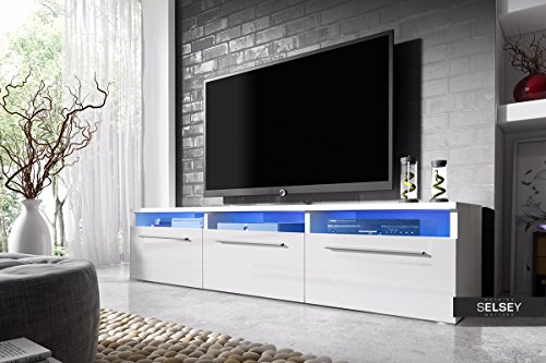 Lavello – TV Lowboard Fernsehschrank / TV Schrank mit LED in Blau (150 cm, Weiß Matt / Weiß Hochglanz)
