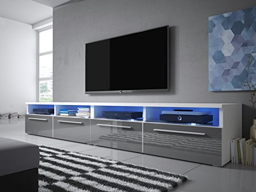 Siena Double - TV Lowboard / TV Schrank (200 cm, Weiß Matt / Grau Hochglanz, LED-Beleuchtung in Blau)
