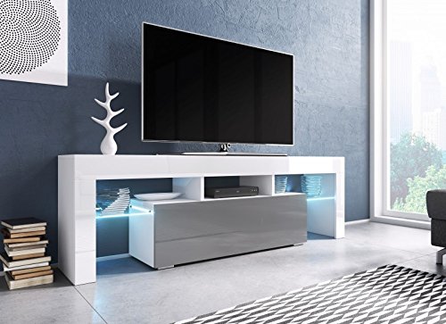 TV Board 'Soro' Hochglanz Lowboard Cube Matt Hifi Fernseherschrank mit LED, Farbe:weiß matt / grau Hochglanz