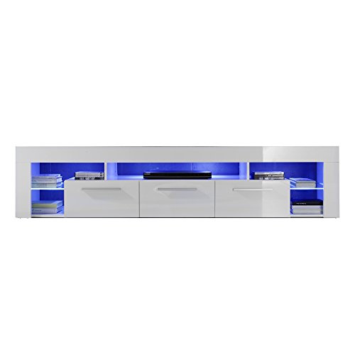 trendteam Wohnzimmer Lowboard Fernsehschrank Fernsehtisch Score Wohnen, 200 x 44 x 44 cm in Weiß Hochglanz inklusive LED Beleuchtung in Blau