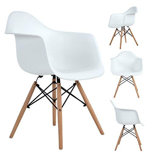Ajie Retro Stuhl, weiße Sitzschale mit Armlehnen auf massiven Holzbeinen, Verschiedene Stückmengen