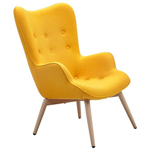SalesFever Designer Ohren-Sessel mit Armlehnen aus Webstoff in Gelb | Anjo | Club-Sessel im Retro-Design | Gestell aus Holz in Natur | 68 x 41 x 92 cm