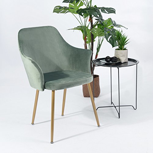 H.J WeDoo Samt Esszimmerstuhl mit Gepolstertem Rücken und Sitz, Retro Stuhl mit Armlehne und Metall Gold Beine - Grün