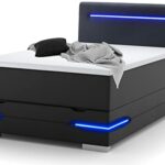 wonello Boxspringbett 120x200 mit Bettkasten, LED Beleuchtung und 2X USB Anschluss - gemütliches Bett mit einzigartiger Optik - Stauraumbett 120 x 200 cm beleuchtet schwarz mit Matratze und Topper