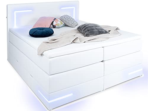 wonello Boxspringbett 180x200 mit Bettkasten und LED Beleuchtung - gemütliches Bett mit LED Beleuchtung - Stauraumbett 180 x 200 cm Weiss mit Matratze und Topper
