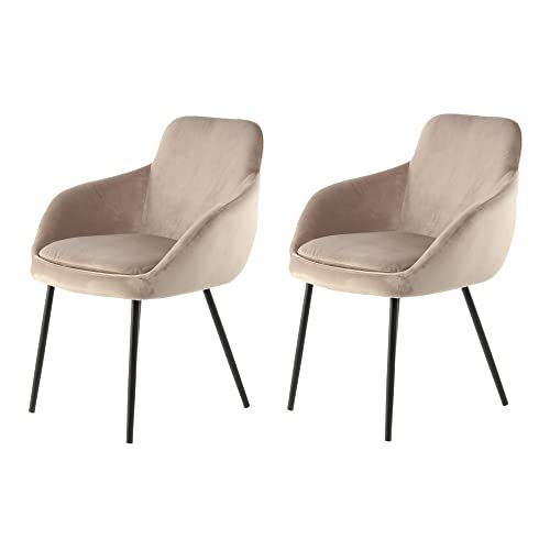 Qiyano Stuhl Samt 2er Set Stühle Retro Polsterstuhl mit Armlehne mit abnehmbaren Polsterkissen modern und ergonomisch für Esszimmer Lounge Creme, Farbe: Creme-Taupe